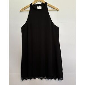 Fantaist Womans Dress Size Large Halter Black High Neck Lace‎ Trim Crepe EUC